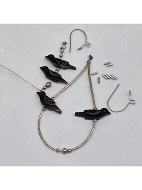 Sterling Silver Fetish Earrings with Carved Black Birds Craft Lot AS IS